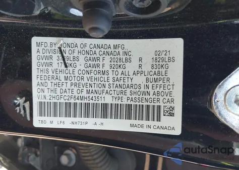 2021 Honda Civic Lx z USA, uszkodzony, nr VIN 2HGFC2F64MH543511